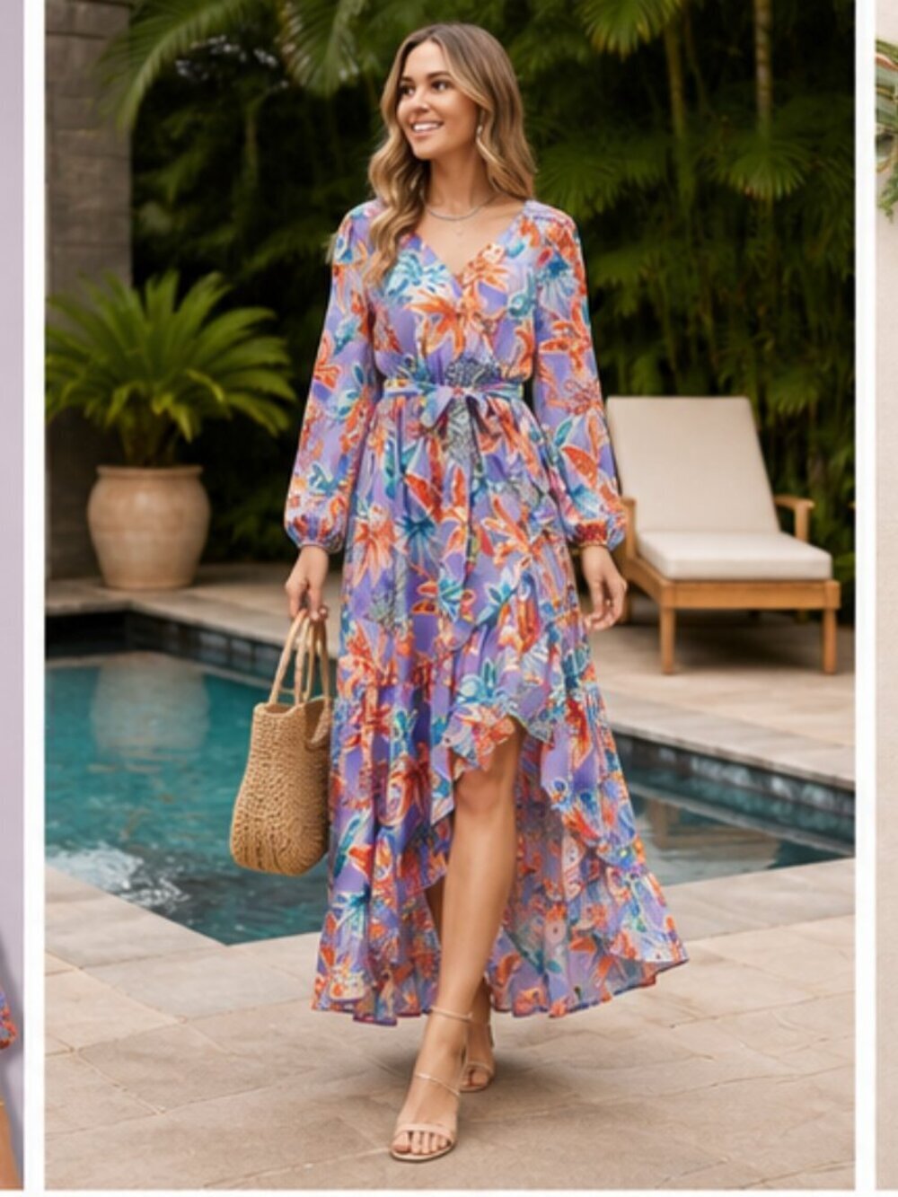 Easel Lilac Tropical Print “Mirabelle” Satin Tie-Waisted Maxi Dress | NWT | L